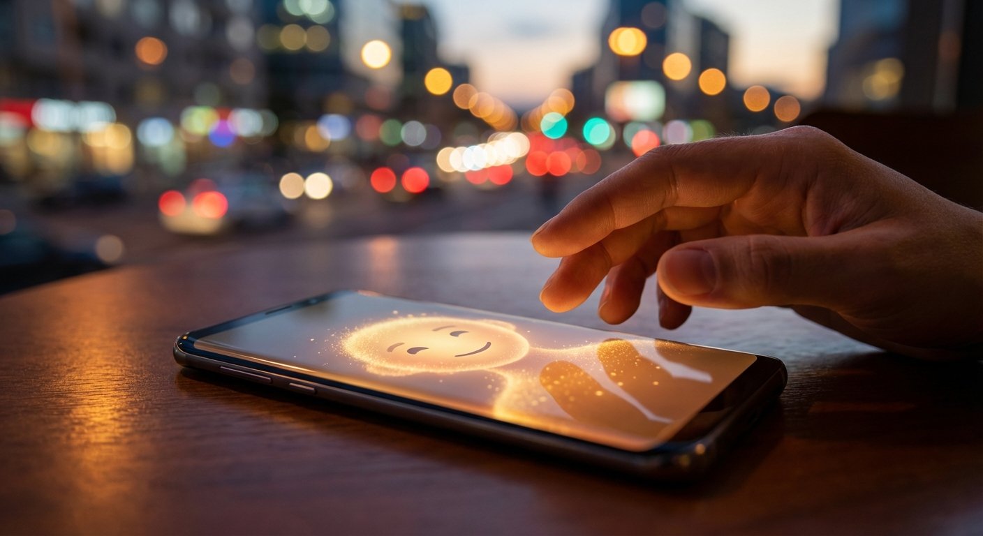 Una mano tocando la pantalla de un smartphone que muestra una figura sonriente brillante en un ambiente de ciudad nocturna.