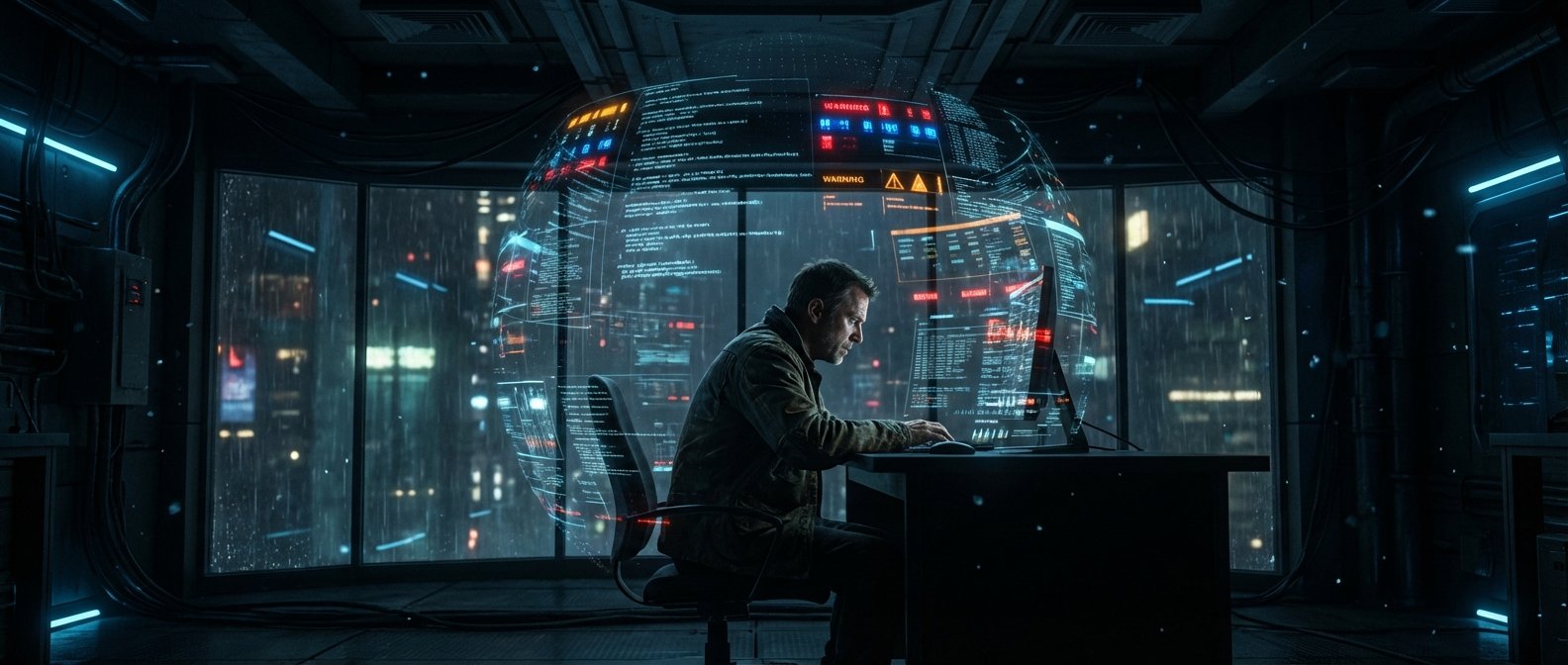 Un hombre de mediana edad trabaja concentrado frente a una pantalla de ordenador transparente que muestra código y advertencias, en una oficina oscura y futurista. Detrás de él, una gran esfera holográfica proyecta datos complejos, mientras que fuera de la ventana se ve una ciudad lluviosa con luces de neón.