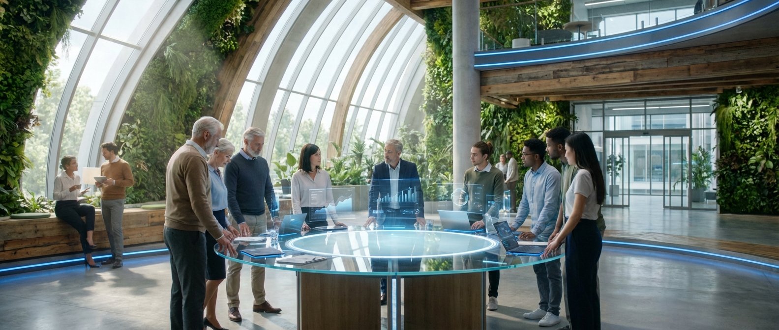 Un equipo de profesionales de diversas edades se reúne alrededor de una mesa interactiva con proyecciones holográficas de datos en una oficina moderna y sostenible, destacando sus amplios jardines verticales y techos de cristal.