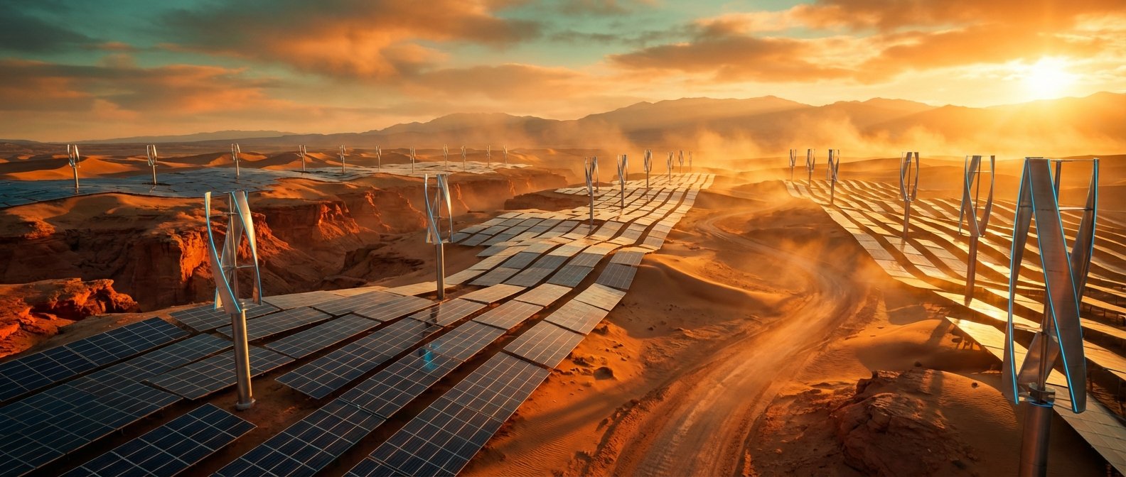Vista aérea de una granja de energía renovable en un desierto al atardecer, con múltiples filas de paneles solares y aerogeneradores de eje vertical distribuidos entre dunas de arena y cañones rocosos, bajo un cielo naranja y polvoriento.