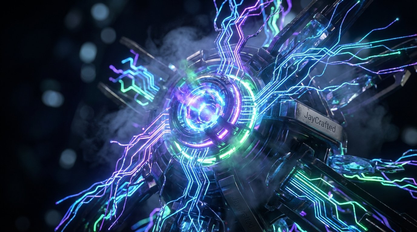 Núcleo tecnológico futurista con circuitos de neón brillantes en tonos azul, púrpura y verde. Emite luz y humo, con una estructura metálica compleja que incluye el texto 'JayCrafted'.