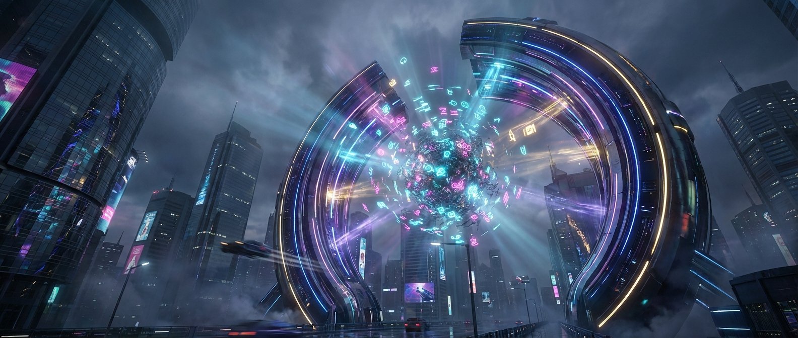 Ciudad futurista con rascacielos altos y modernos, una gran estructura circular luminosa de colores neón en el centro que alberga una esfera de símbolos brillantes. Vehículos borrosos circulan por una carretera mojada bajo un cielo nublado y dramático.