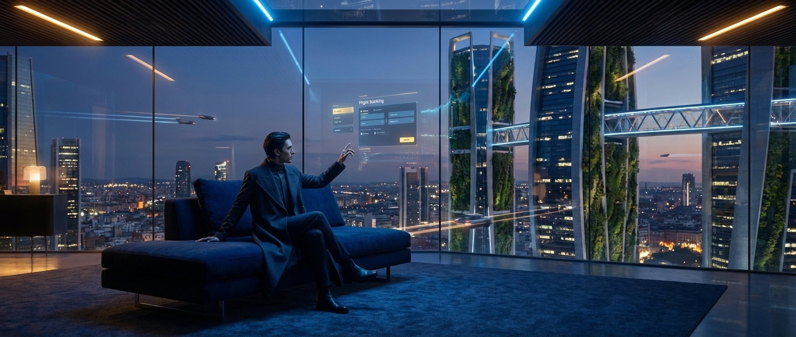 Un hombre sentado en un sofá azul interacciona con una interfaz holográfica de reserva de vuelos desde un apartamento de lujo. Al fondo, se ve una ciudad futurista al anochecer con rascacielos, jardines verticales, puentes aéreos y vehículos voladores.