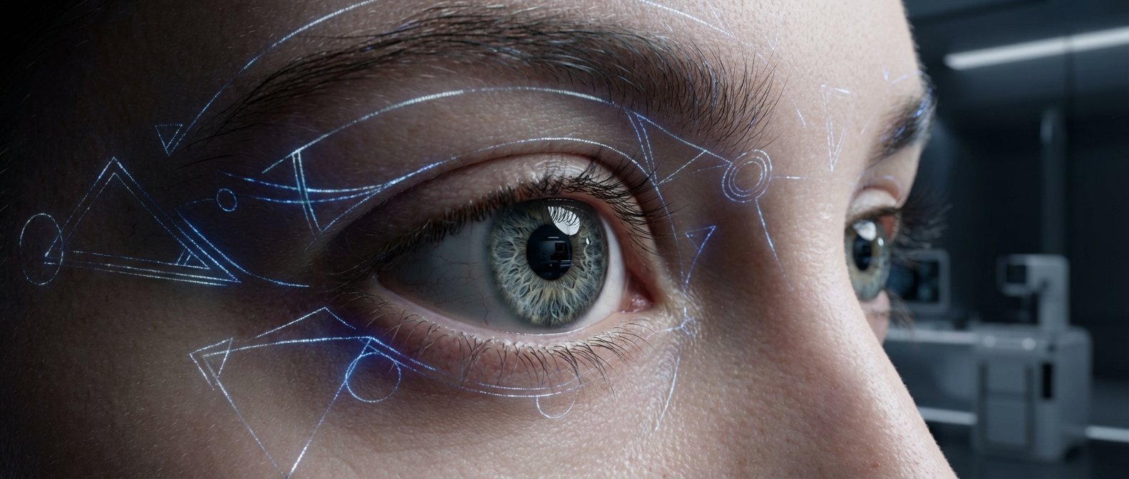 Primer plano de un ojo humano con iris azul verdoso y patrones geométricos azules luminosos proyectados sobre la piel. Se observan reflejos de equipo tecnológico en la pupila, sugiriendo una interfaz de realidad aumentada.