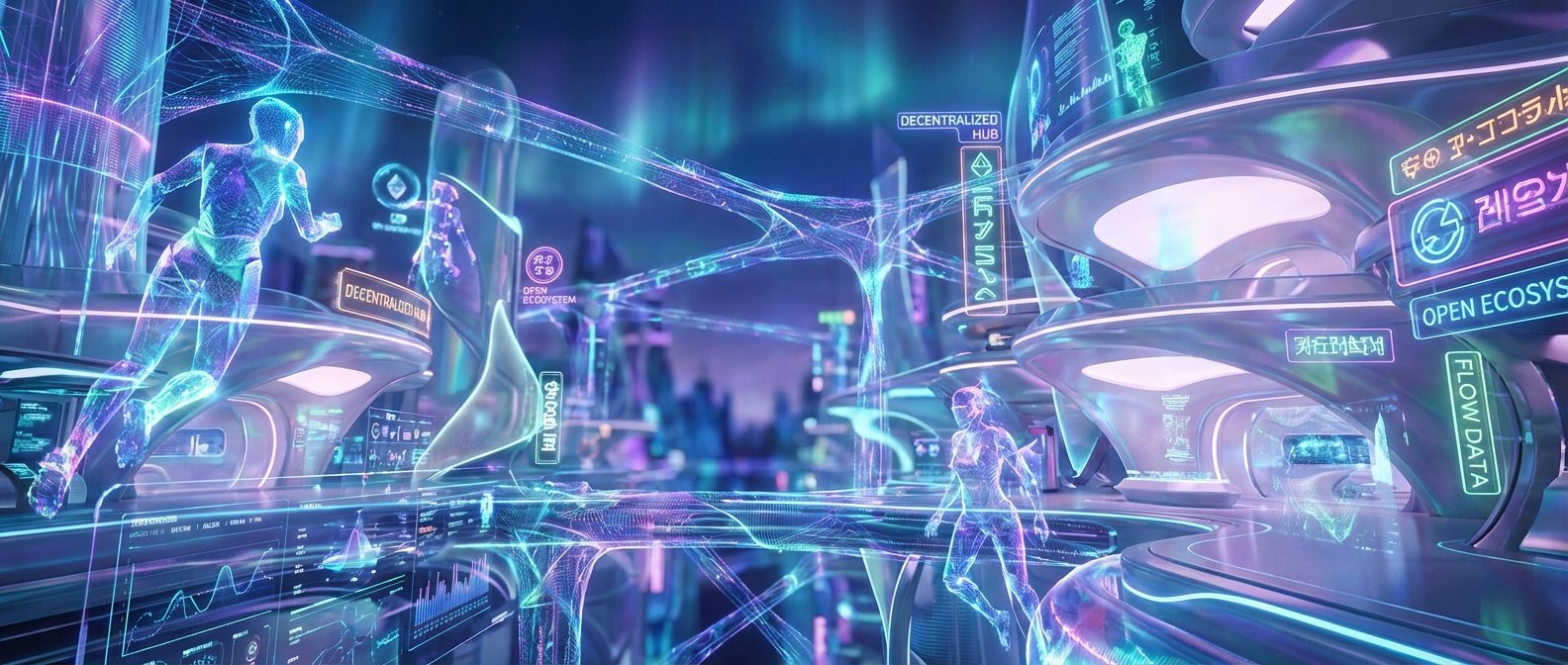 Escena futurista de metaverso con figuras humanas wireframe translúcidas en movimiento, rodeadas de interfaces holográficas que muestran datos, gráficos y texto como 'DECENTRALIZED HUB' y 'OPEN ECOSYSTEM'. La arquitectura es curvada y luminosa en tonos neón azul, morado y rosa, con redes de luz interconectadas y una ciudad difusa en el fondo.