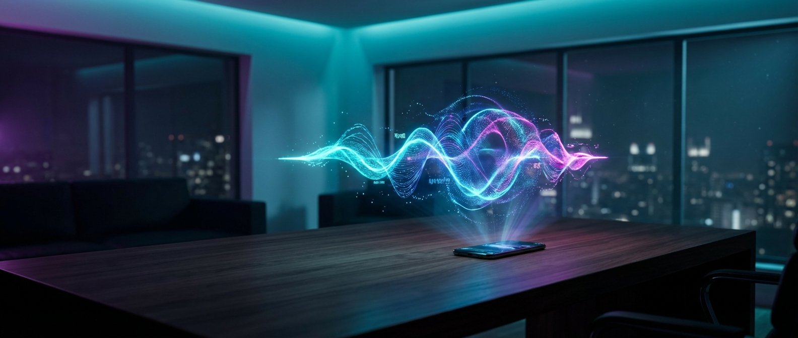 Visualización holográfica de ondas sonoras o datos en tonos azul y rosa emergiendo de un smartphone sobre una mesa de madera en una oficina moderna con vistas a un skyline nocturno.