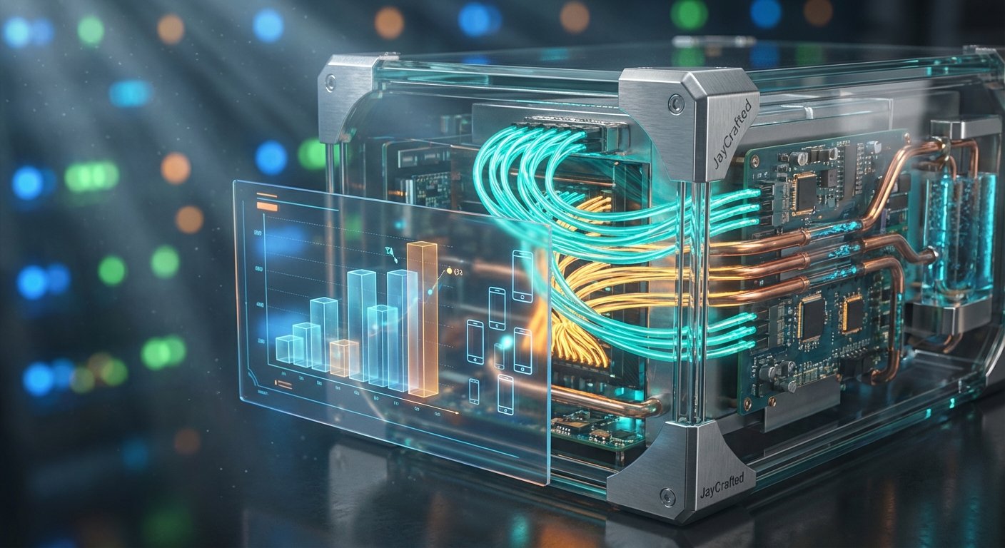 Una unidad de servidor o computadora de alto rendimiento con una carcasa transparente, mostrando circuitos internos, cables de color cian y ámbar, y tubos de cobre con refrigeración líquida. En el frente, una pantalla holográfica muestra gráficos de barras y siluetas de teléfonos móviles. El fondo es un centro de datos borroso con luces bokeh.