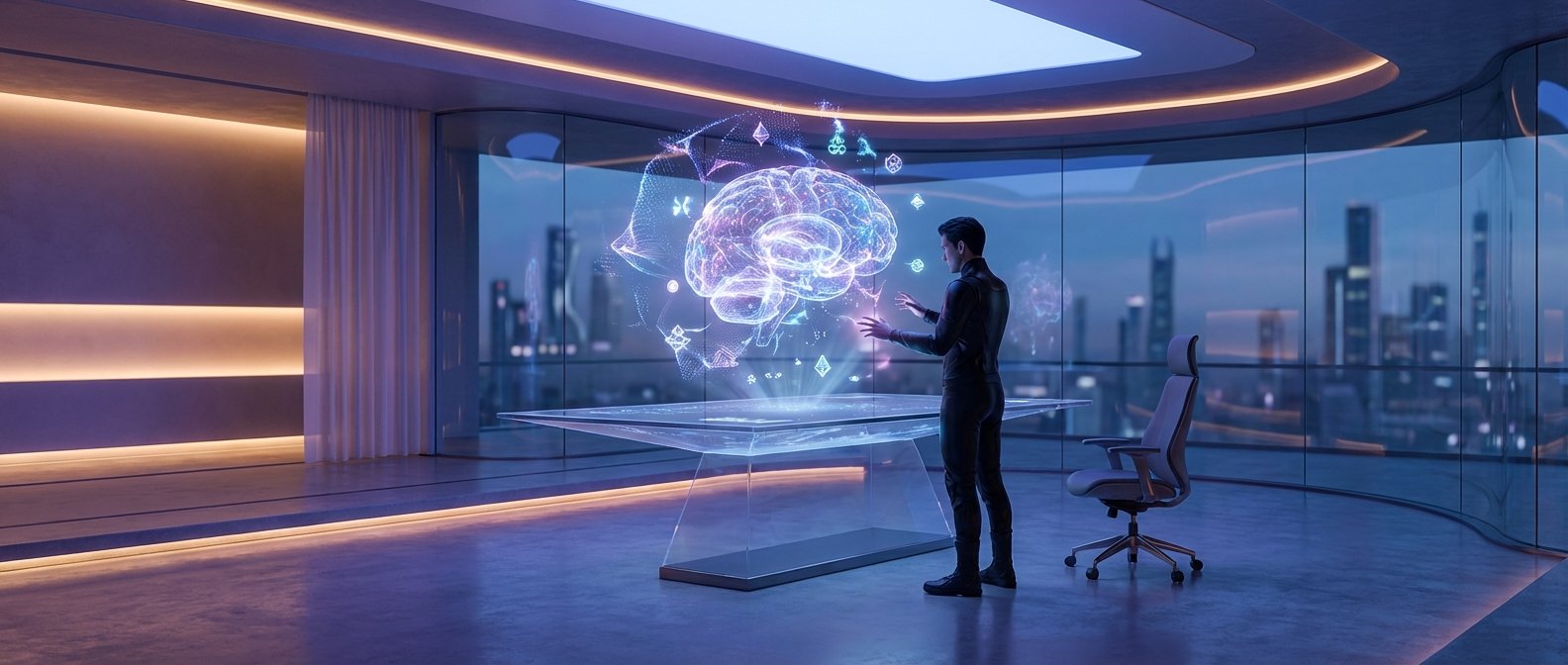 Un hombre en una oficina futurista con grandes ventanales a una ciudad interactúa con una proyección holográfica tridimensional de un cerebro humano y datos visuales abstractos sobre una mesa transparente.