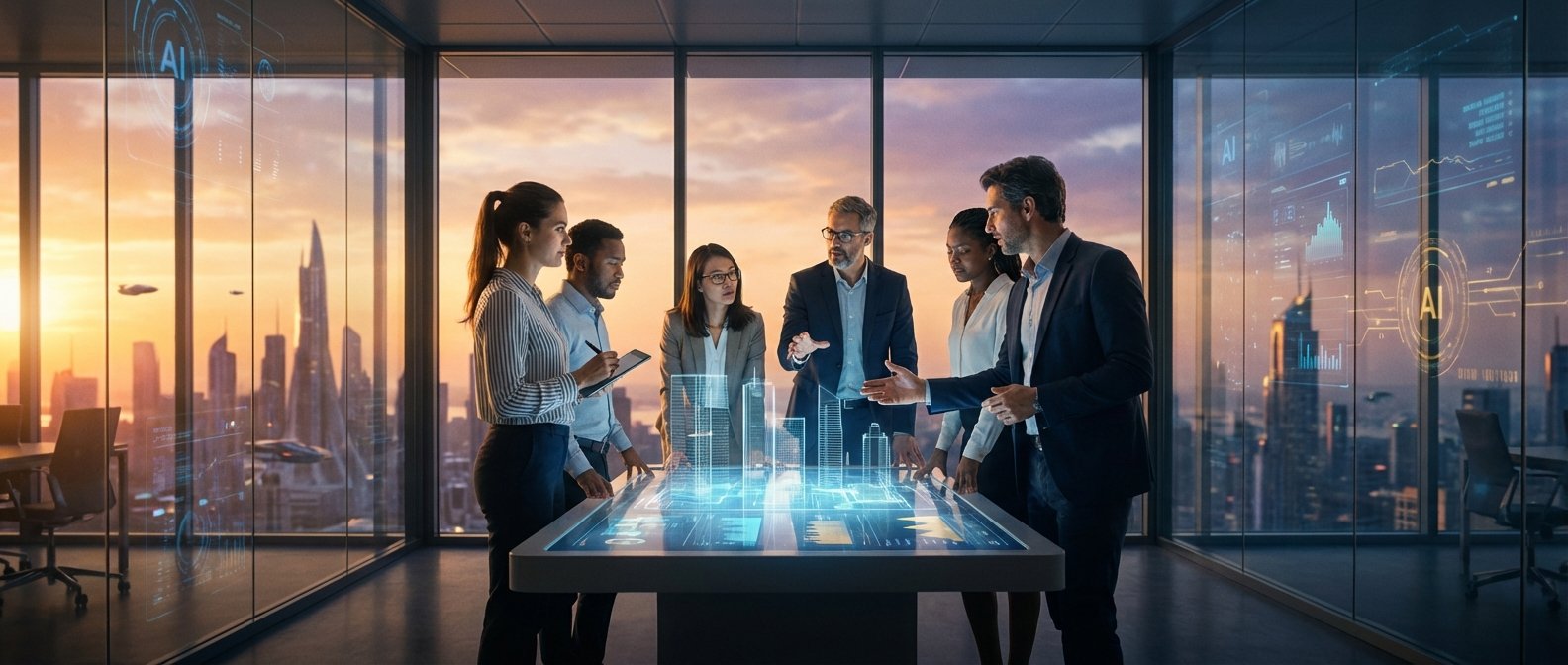 Un grupo de seis profesionales de negocios colabora alrededor de una mesa interactiva que proyecta un modelo 3D de una ciudad y gráficos de datos. Están en una oficina moderna con grandes ventanales que muestran un paisaje urbano futurista con vehículos voladores al atardecer, y símbolos de IA y datos se reflejan en los cristales.