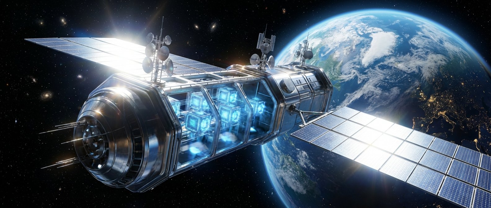 Satélite futurista con grandes paneles solares y antenas de comunicación, orbitando sobre la Tierra que muestra zonas de día y de noche con luces de ciudades. En el centro del satélite se aprecian compartimentos con cubos luminosos azules.