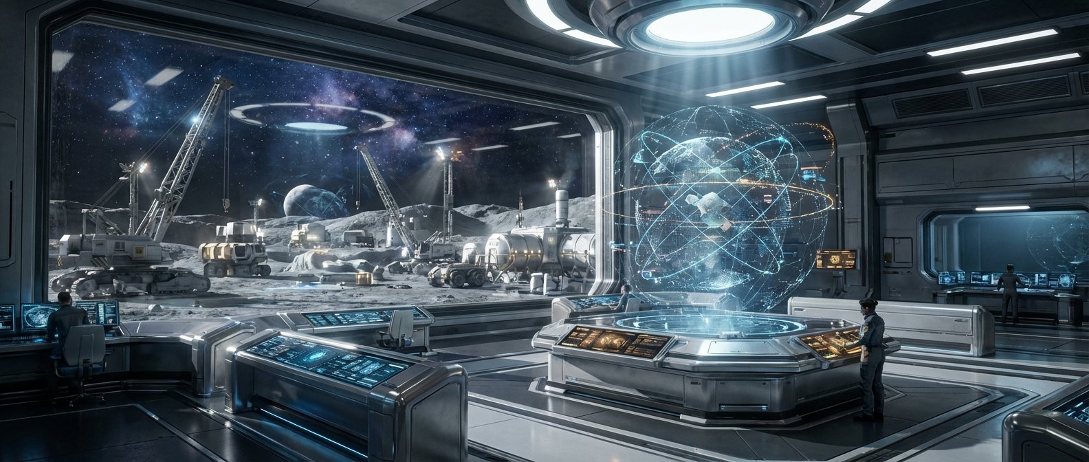 Interior de una sala de control futurista con una gran ventana panorámica que da a una base en la superficie lunar. Se observan grúas, vehículos de exploración y módulos de hábitat bajo un cielo estrellado con una galaxia y un planeta. Dentro, varias personas operan consolas con pantallas y una proyección holográfica central que muestra un globo terráqueo con datos interconectados.