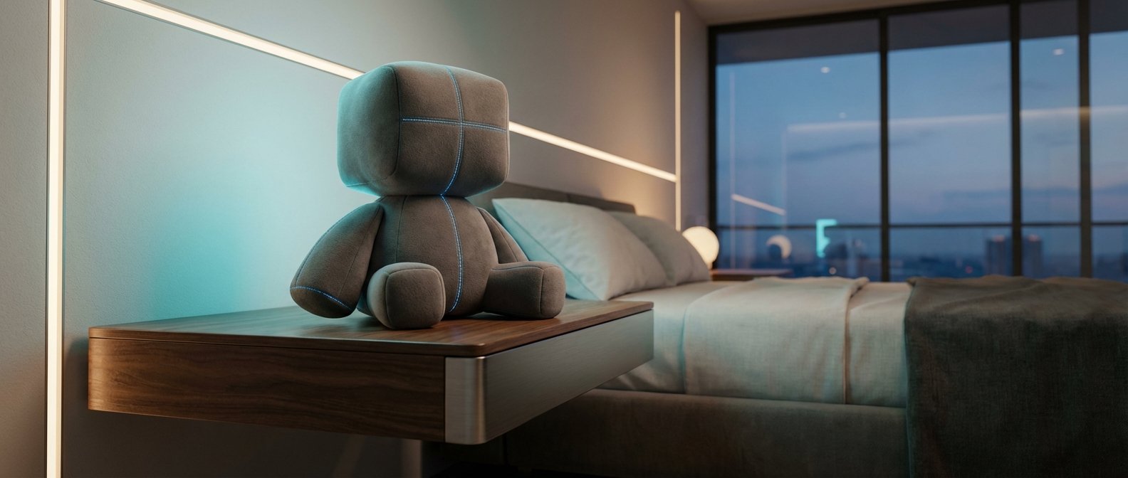 Peluche de cabeza cuadrada y cuerpo de tela gris con costuras azules brillantes, sentado en una mesita de noche de madera flotante en un dormitorio moderno. La habitación cuenta con iluminación LED cálida en la pared y un resplandor azul detrás del peluche, con una cama hecha y una gran ventana que muestra un paisaje urbano al anochecer.