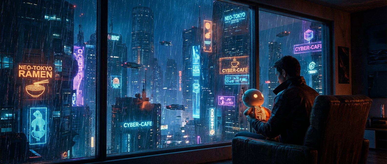 Un hombre de espaldas sentado en un sillón mira una ciudad futurista y lluviosa a través de una ventana. La ciudad está iluminada con rascacielos altos y numerosos carteles de neón brillantes, como 'NEO-TOKYO RAMEN' y 'CYBER-CAFE'. Varios vehículos voladores surcan el cielo. El hombre sostiene un pequeño robot de juguete que brilla.
