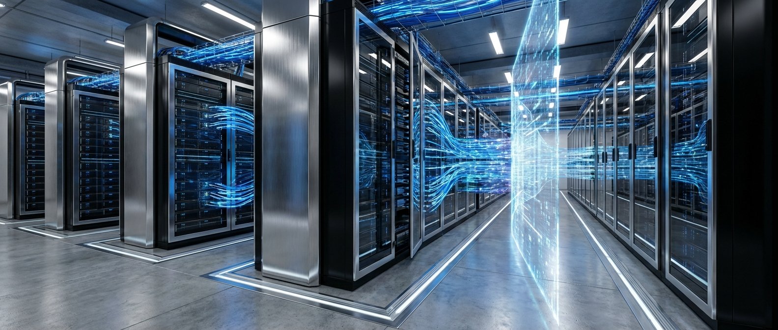 Un centro de datos moderno con filas de racks de servidores. Líneas y ondas de luz azul brillante ilustran el flujo de datos y la conectividad de la red.