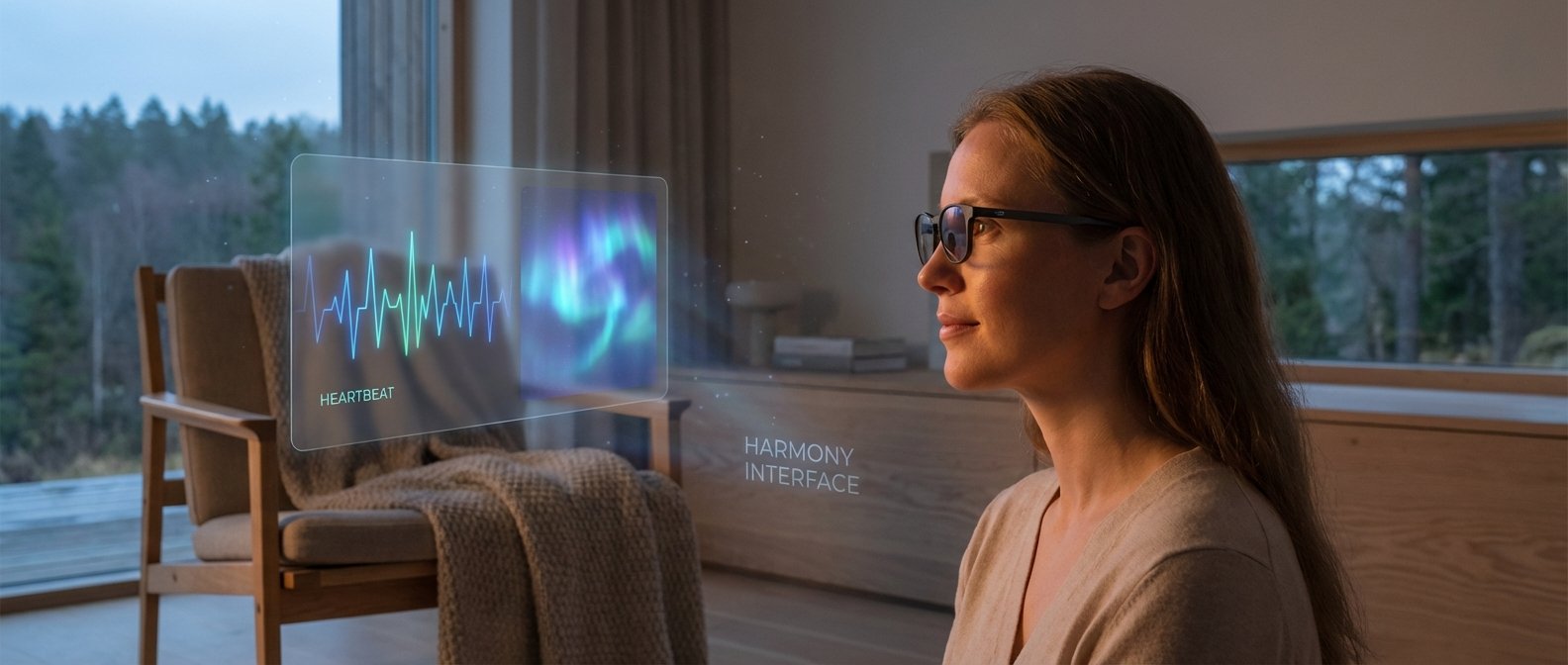 Mujer con gafas de realidad aumentada interactuando con una interfaz holográfica que muestra un monitor de latidos y la aurora boreal, dentro de una casa moderna con vistas a un bosque.