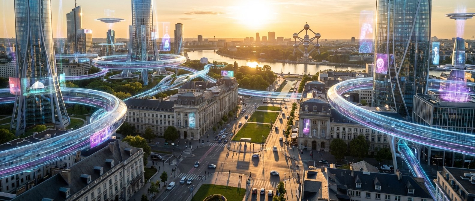 Vista aérea de una ciudad futurista al atardecer, con rascacielos de cristal modernos, sistemas de transporte elevados tubulares con luces brillantes y vehículos futuristas. En el fondo, un río y el icónico Atomium de Bruselas, bajo un cielo anaranjado.