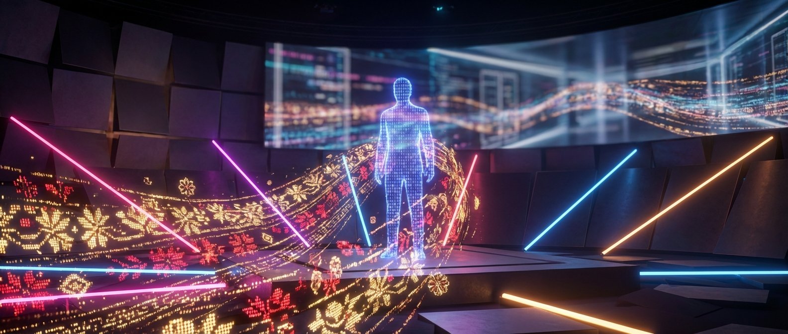 Una figura humana holográfica, formada por código binario, se sitúa en el centro de un escenario futurista oscuro. Luces de neón en tonos rosa, azul y naranja iluminan el espacio. Una estela digital con patrones de puntos luminosos, en rojo y dorado, atraviesa la escena desde la izquierda y por el suelo. Al fondo, una gran pantalla curva muestra un paisaje de datos y luces abstractas.