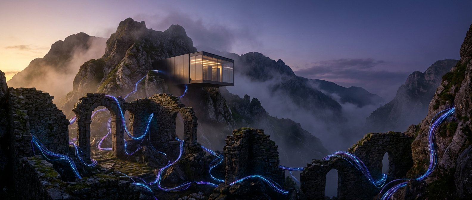 Un moderno edificio de cristal y metal está suspendido en un acantilado rocoso, conectado a ruinas de piedra antiguas en primer plano mediante líneas de luz azul y púrpura. El paisaje montañoso está cubierto de niebla, con un cielo degradado del atardecer o amanecer.
