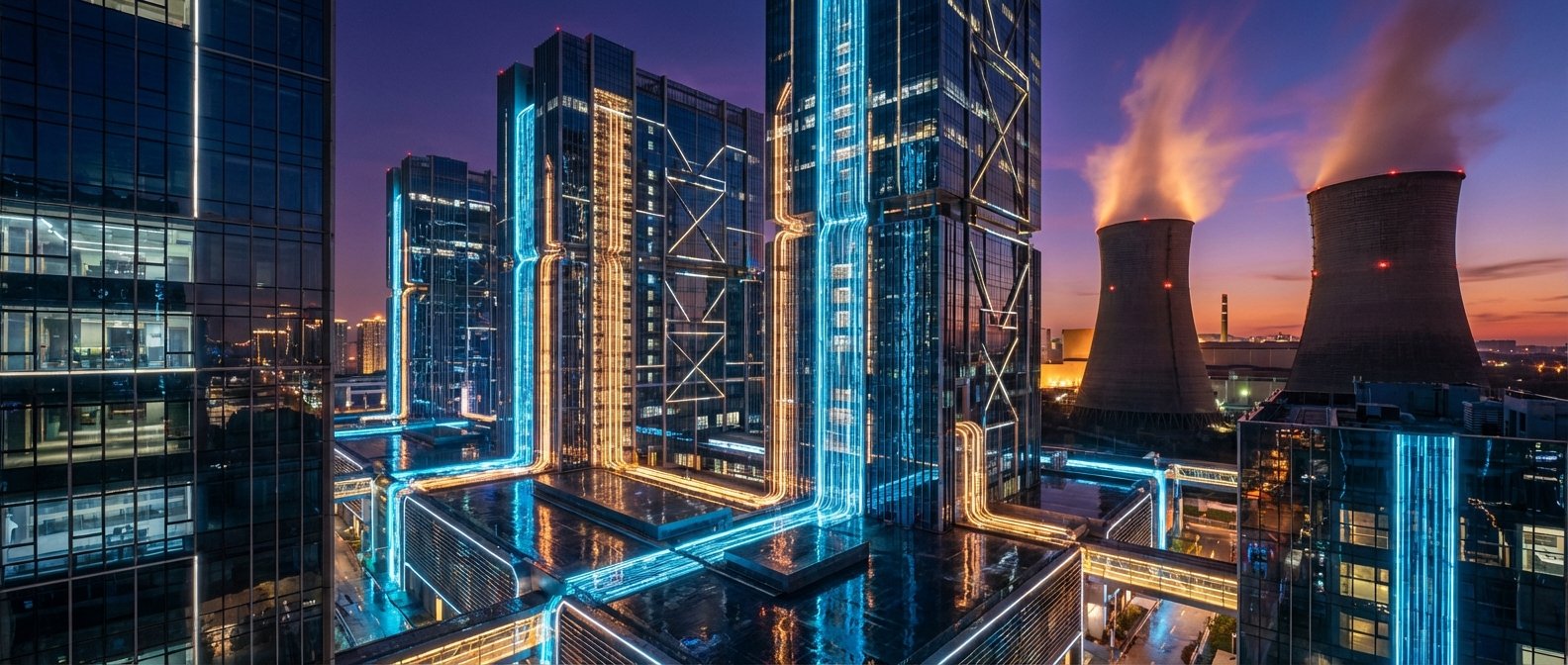 Vista aérea de una ciudad moderna al atardecer, con rascacielos de cristal iluminados por líneas LED azules y naranjas que interconectan los edificios. Al fondo, dos torres de refrigeración de una central eléctrica emiten vapor contra un cielo anaranjado y púrpura.