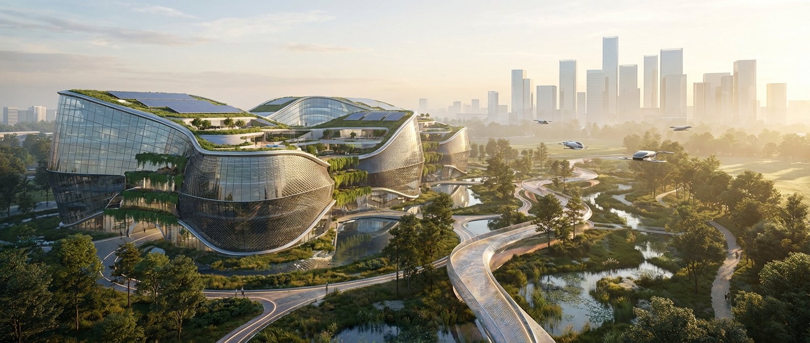 Vista panorámica de edificios modernos con diseño curvo, techos verdes y paneles solares, integrados en un extenso parque con caminos sinuosos, cuerpos de agua y árboles frondosos. Varios vehículos voladores cruzan el cielo, y una ciudad con rascacielos se distingue en el fondo brumoso.