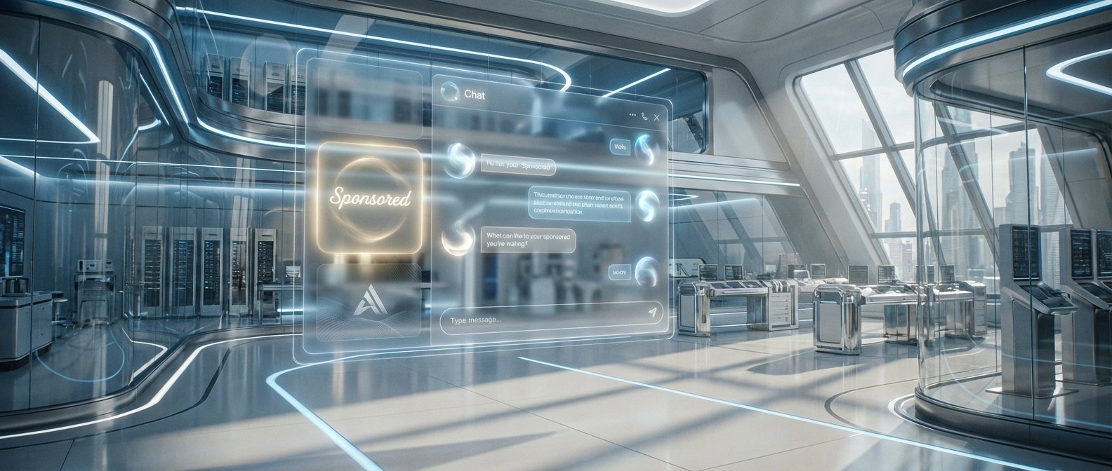 Una sala de control o centro de datos futurista y brillante con una interfaz de chat holográfica transparente en primer plano. La interfaz muestra un cuadro de 'Patrocinado' que brilla en dorado, burbujas de chat y un campo para escribir mensajes. El entorno presenta paredes de cristal, luces de neón azules, equipamiento tecnológico como servidores y grandes ventanales con vistas a una ciudad moderna y rascacielos.