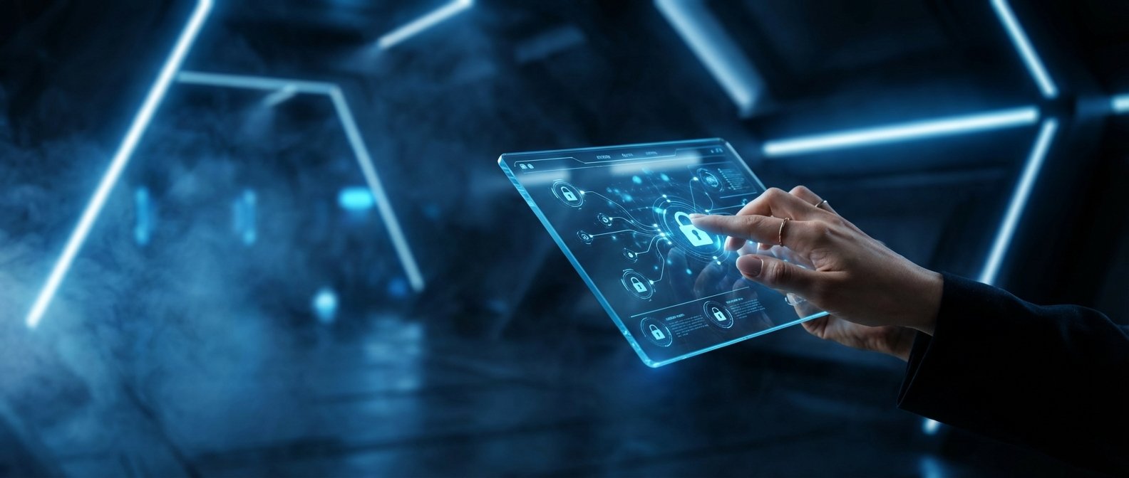 Manos de una persona interactuando con una tableta transparente que muestra una interfaz holográfica de ciberseguridad con iconos de candados conectados. El fondo es oscuro con luces de neón azules y neblina.
