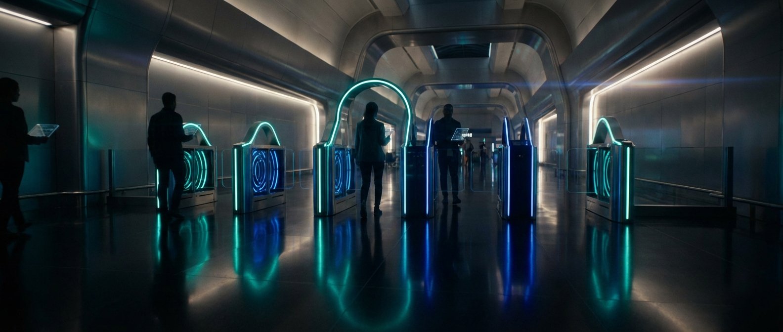 Personas silueteadas caminan por un pasillo futurista con múltiples torniquetes de acceso iluminados con luces de neón azules y cian, que se reflejan en el suelo oscuro y brillante.