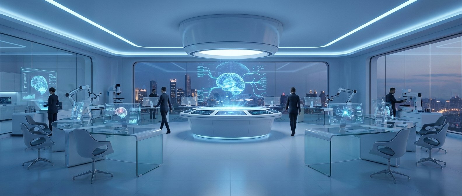 Interior de un laboratorio o centro de investigación futurista con iluminación azul, donde varias personas interactúan con pantallas holográficas que muestran modelos de cerebros humanos y datos neuronales. En el centro hay una gran proyección 3D de un cerebro. El espacio cuenta con mesas de cristal, sillas modernas, brazos robóticos y equipamiento de alta tecnología. Al fondo se observa el horizonte de una ciudad iluminada de noche a través de grandes ventanas.