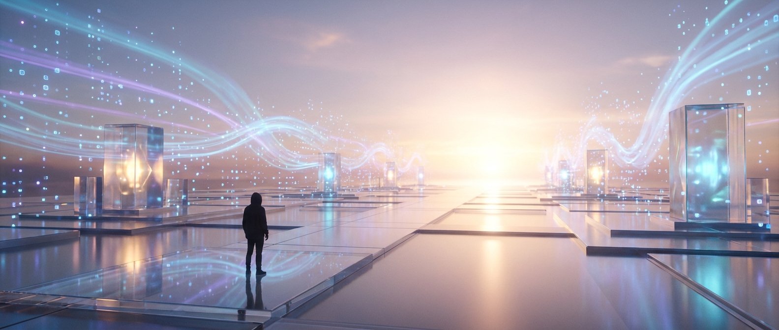 Una persona con capucha está de pie en un paisaje digital futurista compuesto por plataformas reflectantes y estructuras de cristal. Ondas de luz y datos luminosos se extienden por el cielo hacia un horizonte brillante, simbolizando conectividad y tecnología avanzada.