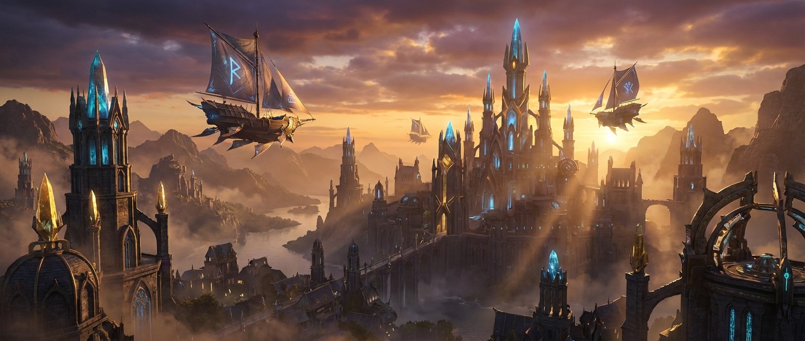 Una ciudad de fantasía con imponentes torres de cristal azul brillante, construida entre montañas brumosas y un río, bajo un cielo anaranjado al atardecer, con naves voladoras surcando el aire.