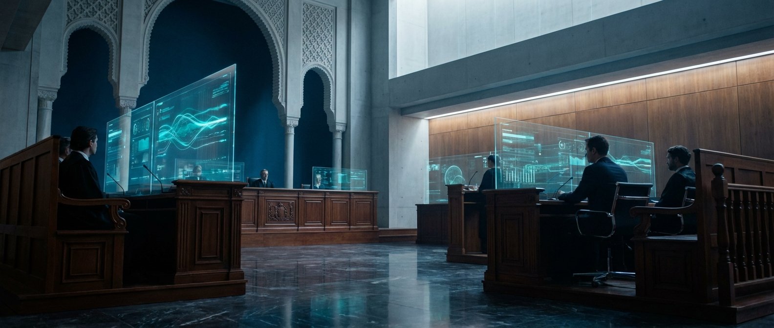 Hombres con trajes sentados en pupitres de madera, interactuando con grandes pantallas holográficas transparentes que muestran gráficos y datos de color azul. El espacio combina una arquitectura moderna de hormigón con arcos de estilo tradicional y un suelo de mármol oscuro y brillante, sugiriendo una sala de justicia o conferencia futurista.