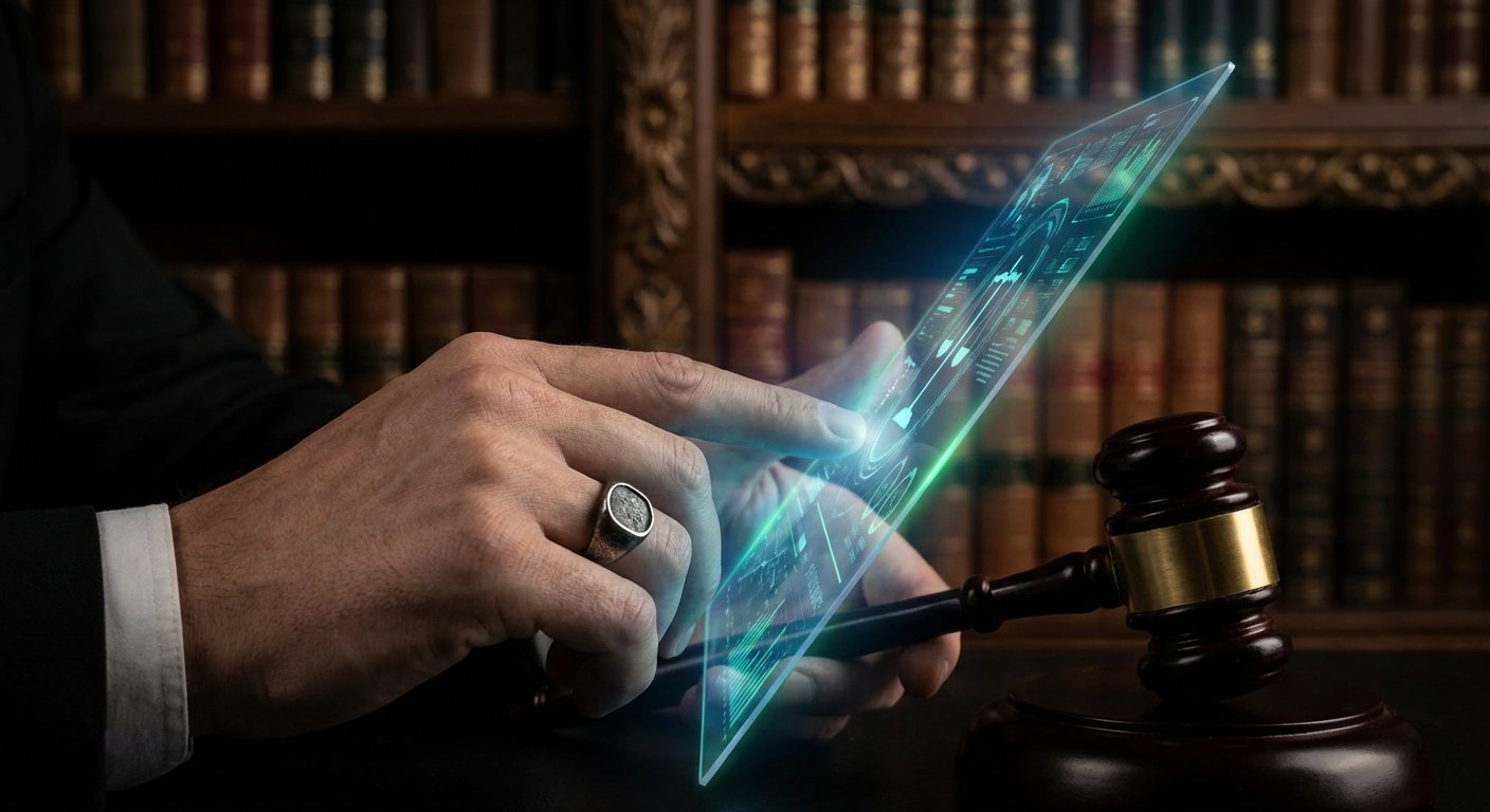 Manos de un hombre con traje y anillo interactuando con una pantalla holográfica que muestra datos, junto a un mazo de juez. Al fondo, estanterías con libros antiguos.