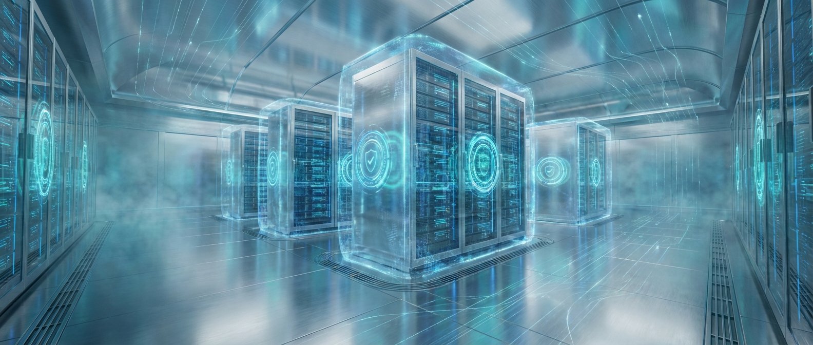Sala de servidores con múltiples racks de datos iluminados con hologramas azules de seguridad y líneas de datos digitales, en un ambiente futurista.