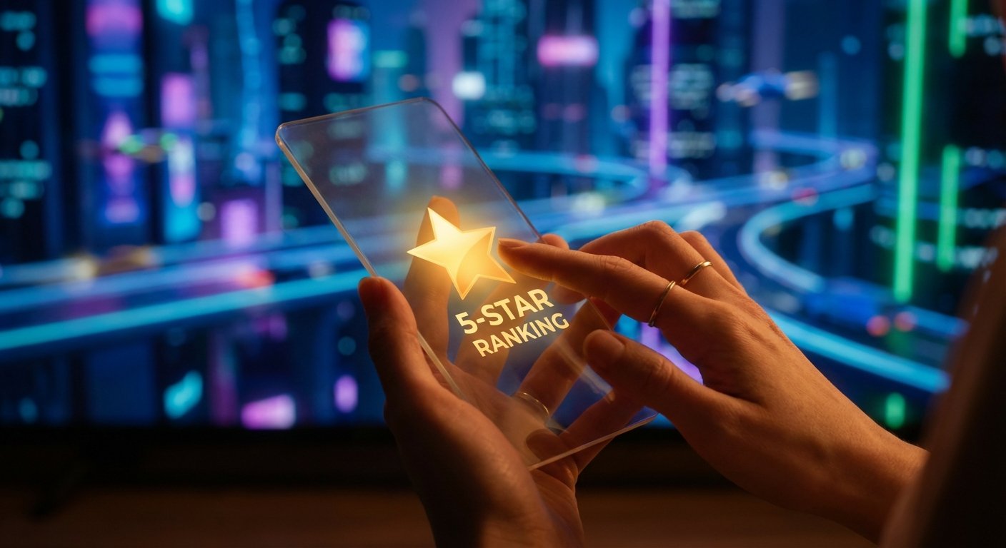 Manos sosteniendo una pantalla transparente que muestra una estrella dorada brillante y el texto '5-STAR RANKING', con un fondo urbano futurista con luces de neón desenfocadas.