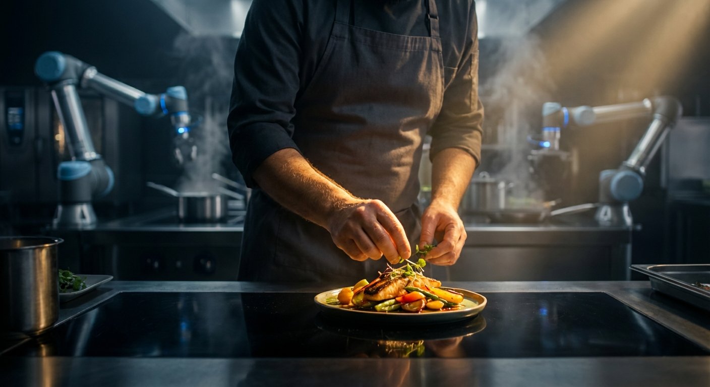 Un chef emplata un plato de pescado y verduras asadas añadiendo hierbas frescas en una cocina profesional con brazos robóticos trabajando en segundo plano.