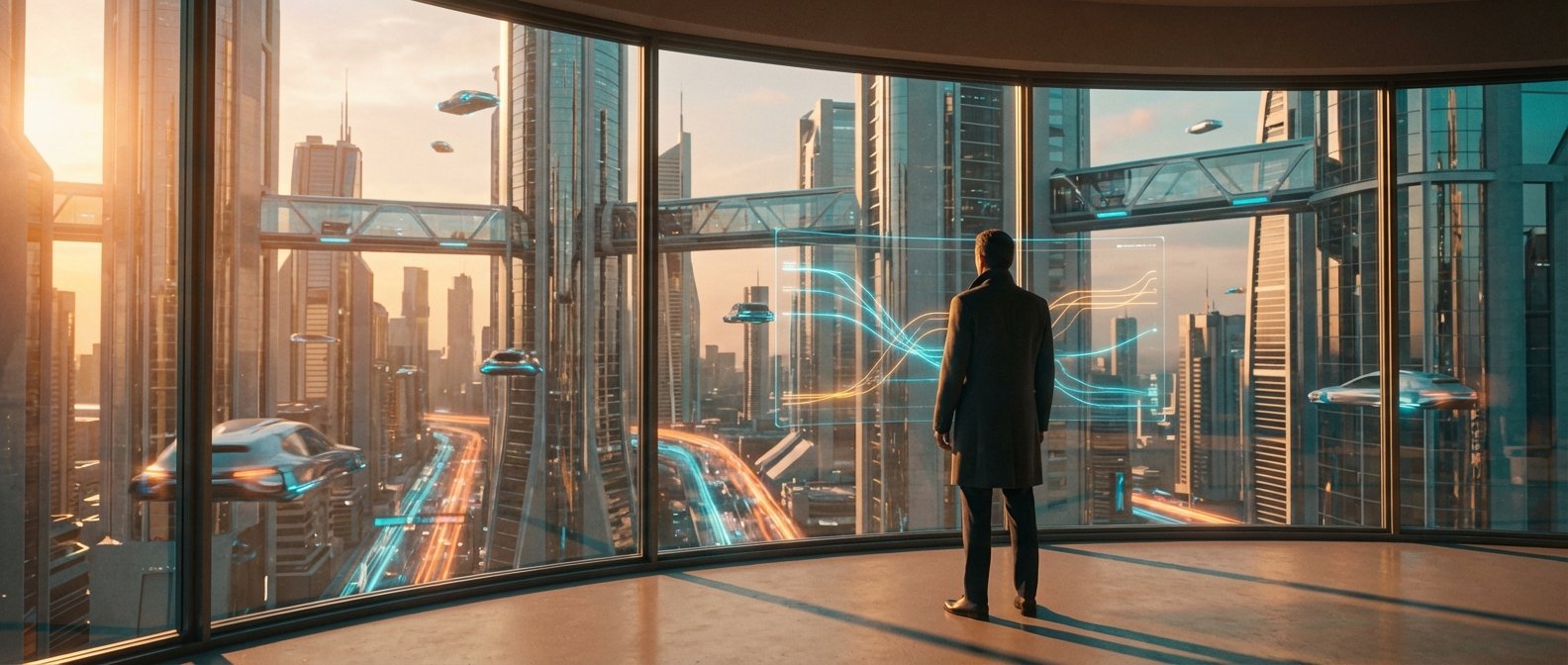 Un hombre de espaldas observa una ciudad futurista al atardecer a través de una ventana panorámica, con rascacielos, vehículos voladores y una pantalla holográfica con gráficos de datos.