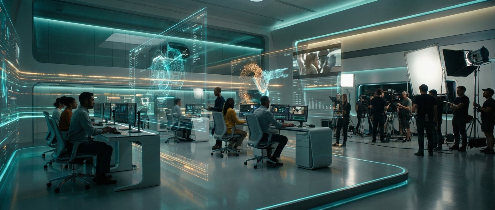 Un equipo de profesionales trabaja en un estudio multimedia futurista, con operadores de computadoras frente a pantallas holográficas interactivas y un equipo de producción audiovisual grabando con cámaras y luces de estudio en el mismo espacio.