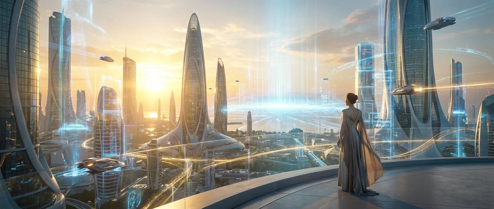 Una mujer con un vestido elegante de espaldas en un balcón futurista observa un paisaje urbano avanzado al atardecer. La ciudad tiene rascacielos altos y curvilíneos, vehículos voladores y redes de luz digital brillando entre los edificios y el cielo.