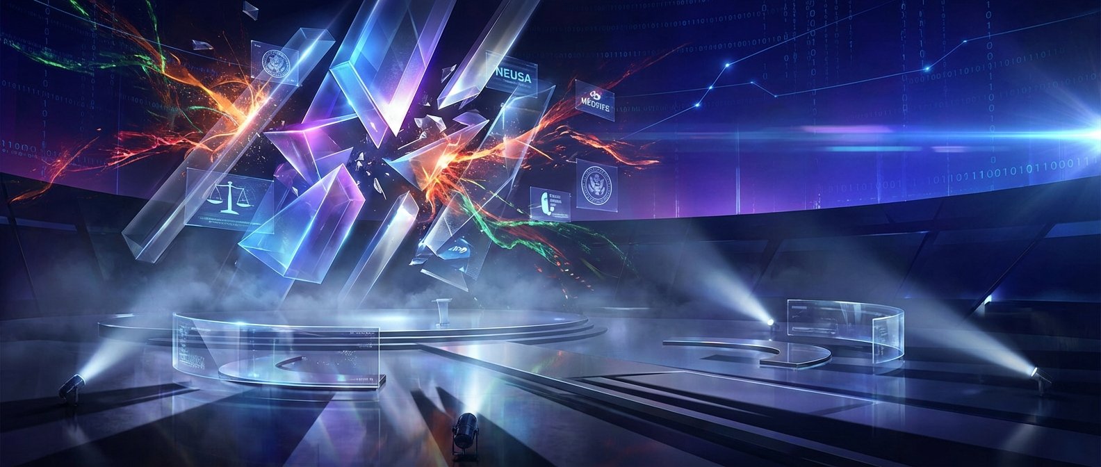 Escenario virtual futurista para eventos, con grandes formas de cristal transparentes y luminosas, pantallas flotantes mostrando logos de empresas o entidades, un podio y tarimas. El fondo digital presenta código binario y luces abstractas en tonos azules y púrpuras.