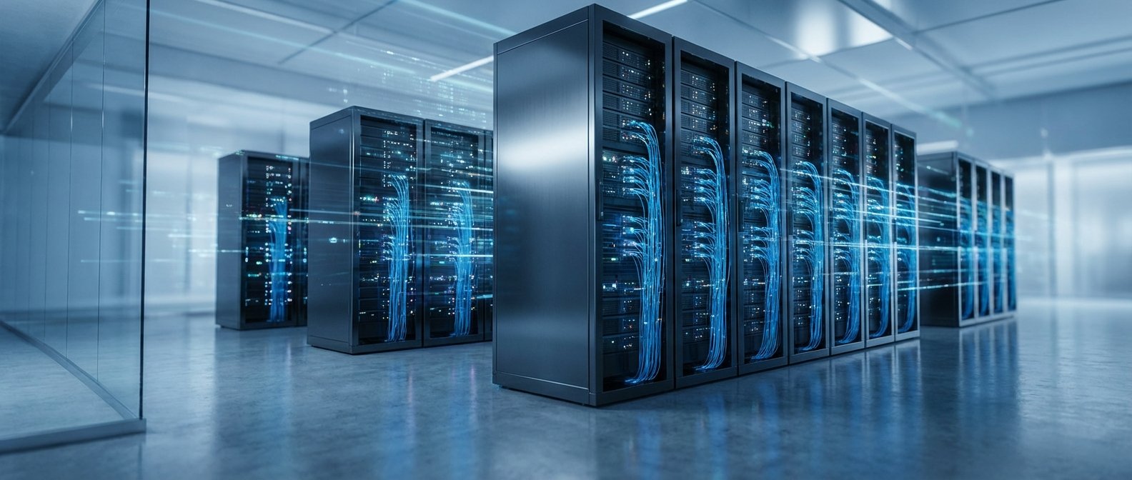 Una sala de servidores moderna con varias filas de racks de datos, donde se aprecian cables azules luminosos y luces de actividad en los equipos. El suelo es reflectante y hay una partición de cristal a la izquierda.