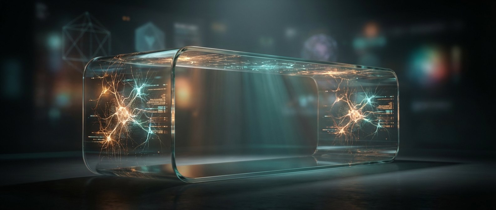 Un contenedor de vidrio transparente muestra redes neuronales brillantes en tonos naranja y azul en sus extremos, con flujos de datos y haces de luz en el centro, sobre un fondo tecnológico oscuro.