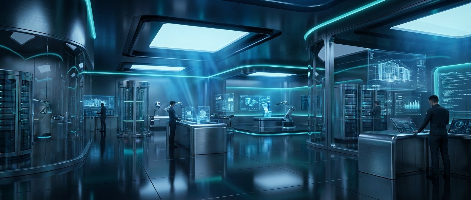 Interior de un laboratorio o sala de control futurista con iluminación LED azul. Varias personas trabajan en estaciones con pantallas holográficas que muestran diseños arquitectónicos, gráficos de datos y código. Se aprecian servidores cilíndricos y un brazo robótico.