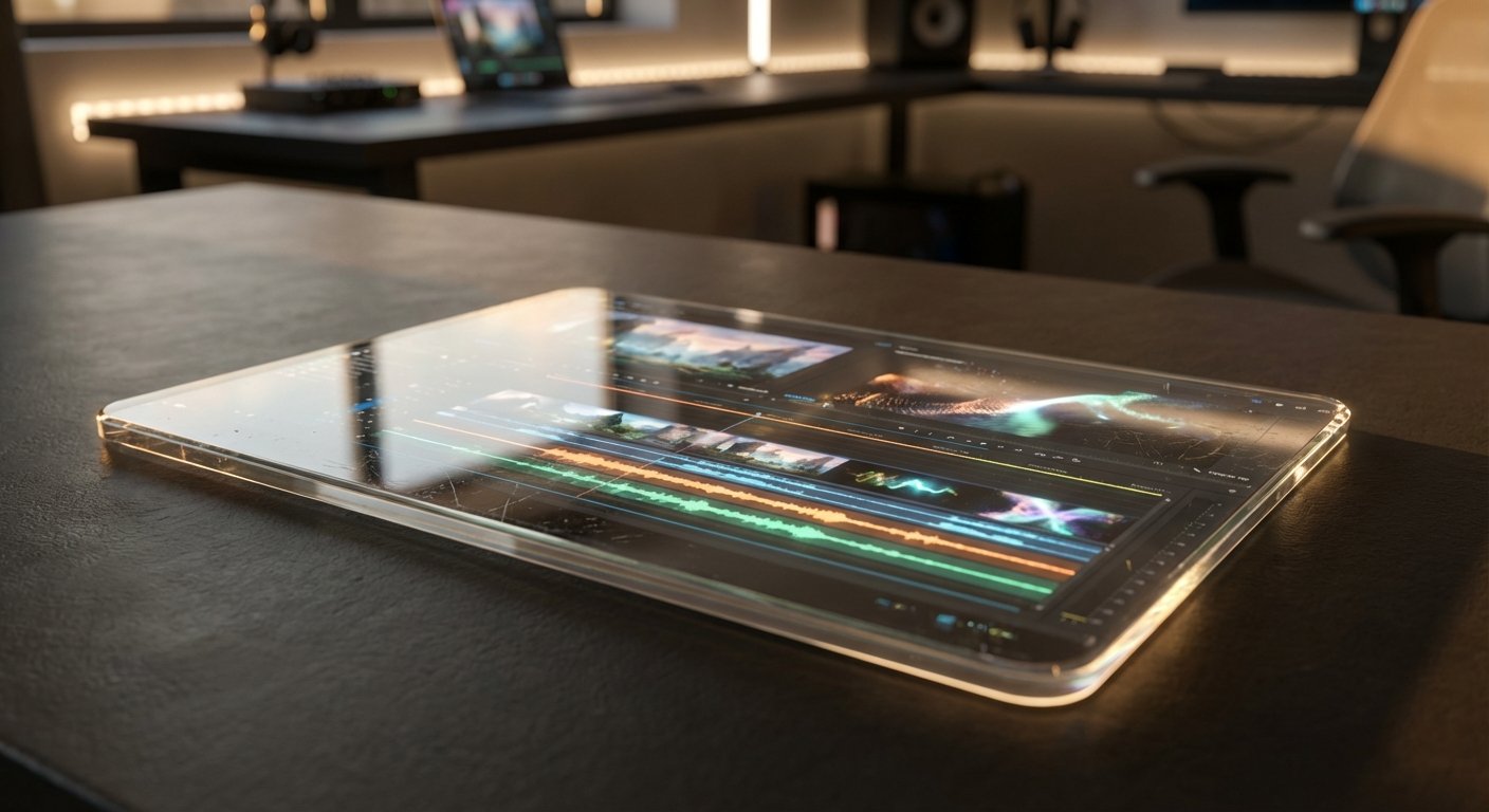Una tablet transparente sobre una mesa oscura, mostrando una interfaz de edición de video con líneas de tiempo, formas de onda de audio y clips visuales. Al fondo, se ve un estudio de trabajo moderno y desenfocado.