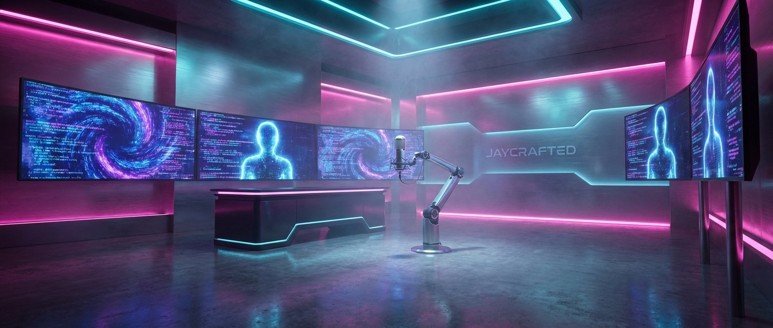 Un estudio tecnológico futurista con iluminación de neón rosa y azul, varias pantallas curvas mostrando código y siluetas humanas digitales, un brazo robótico con micrófono y un escritorio moderno.