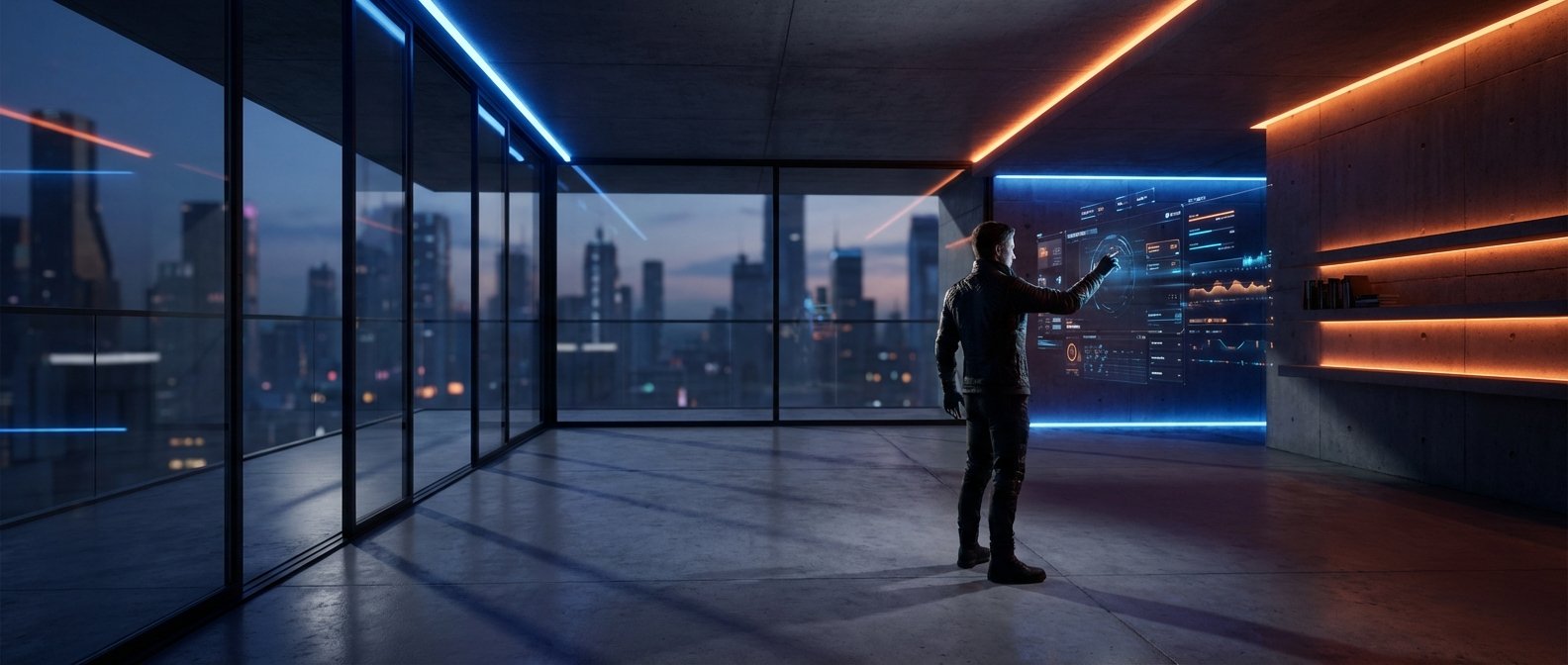 Hombre interactuando con una pantalla táctil holográfica azul en una oficina moderna con vista a una ciudad iluminada al anochecer. El espacio presenta paredes de hormigón, grandes ventanales y luces LED azules y naranjas.