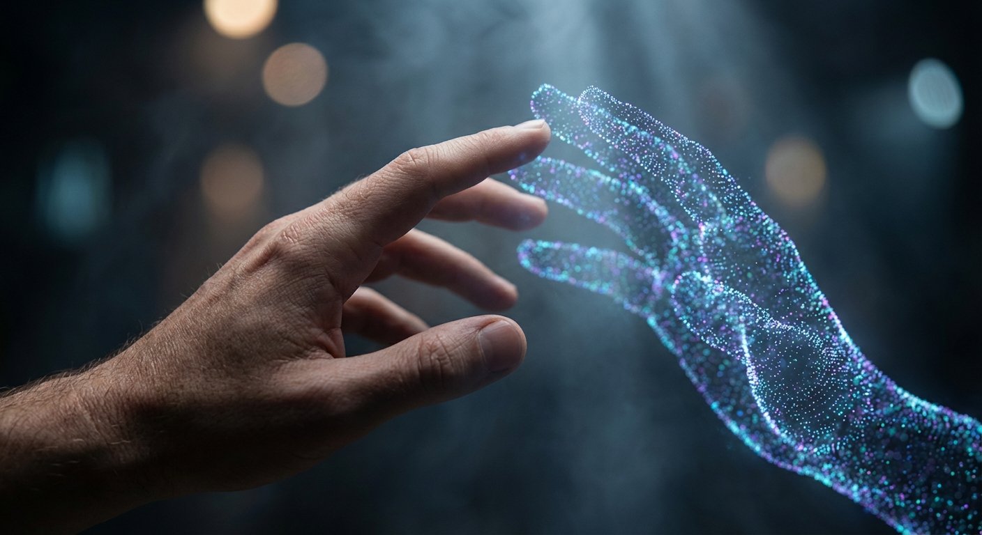 Una mano humana se extiende hacia una mano digital hecha de partículas de luz azul y morada, casi tocándose en un fondo oscuro y borroso.