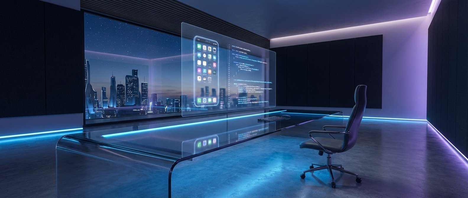 Una oficina futurista con un escritorio de cristal curvo y una silla ejecutiva. Sobre el escritorio flotan dos pantallas holográficas: una muestra una interfaz de aplicación móvil y la otra código de programación. Al fondo, una gran ventana revela una ciudad moderna iluminada bajo un cielo nocturno estrellado. La sala está decorada con iluminación LED azul y morada.