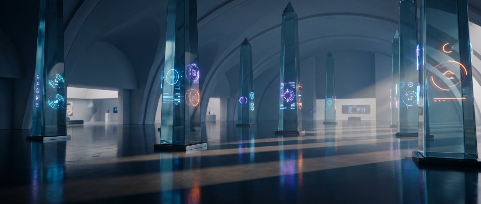 Interior de una sala de exposición futurista con pilares de cristal transparentes que muestran interfaces holográficas luminosas de colores. Se aprecian iconos de tecnología, datos y conectividad reflejados en el suelo pulido de un espacio con arquitectura moderna.