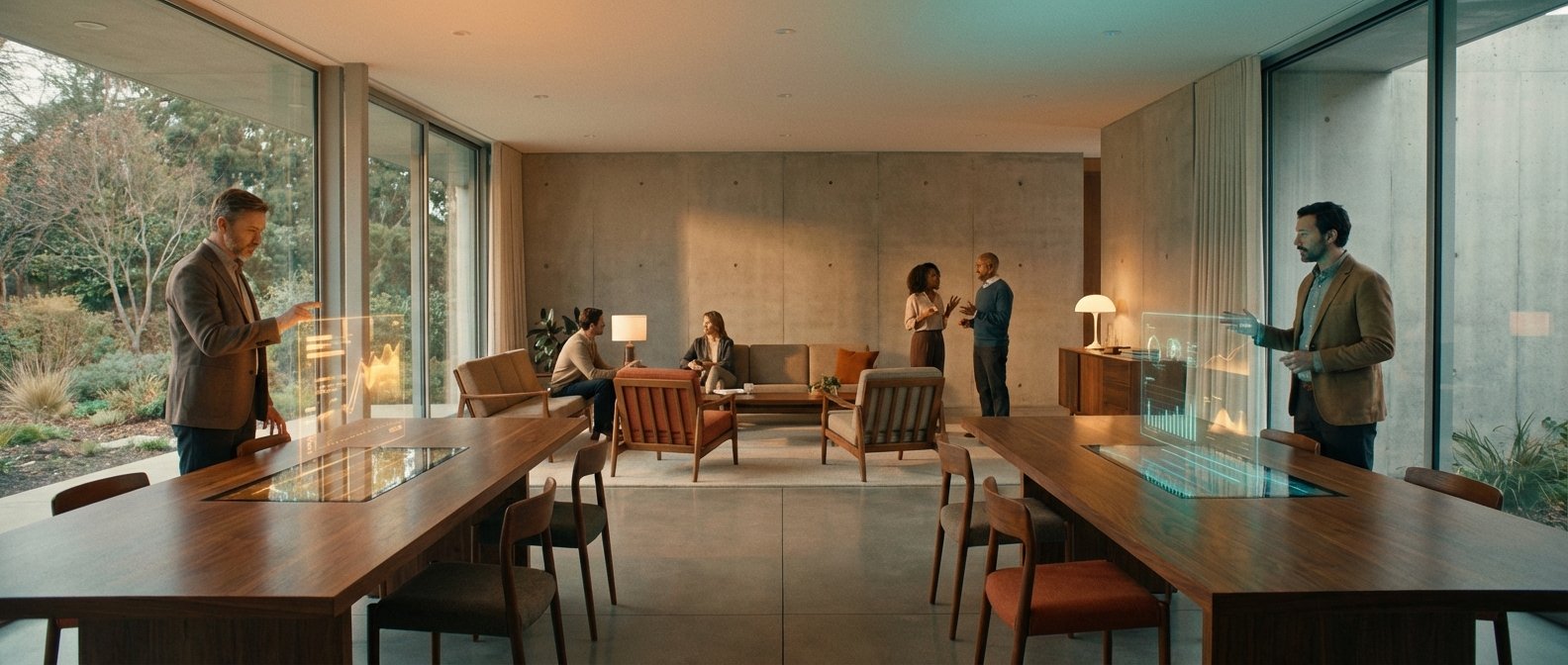 Profesionales interactúan en un espacio de oficina moderno con grandes ventanales, usando pantallas holográficas interactivas para visualizar datos y conversando en áreas de descanso con muebles contemporáneos.