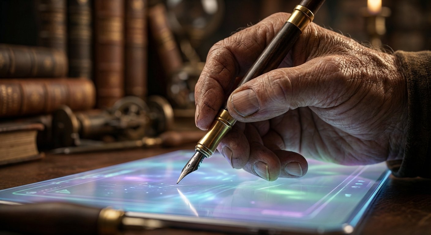 Mano de persona mayor sosteniendo una pluma estilográfica clásica sobre una tableta digital que emite luz con gráficos coloridos. Al fondo, se aprecian libros antiguos de tapa dura y objetos decorativos.
